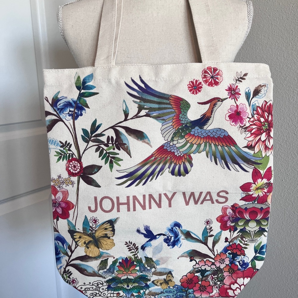 New Johnny Was Cream Tote with Colorful Bird and Floral Design